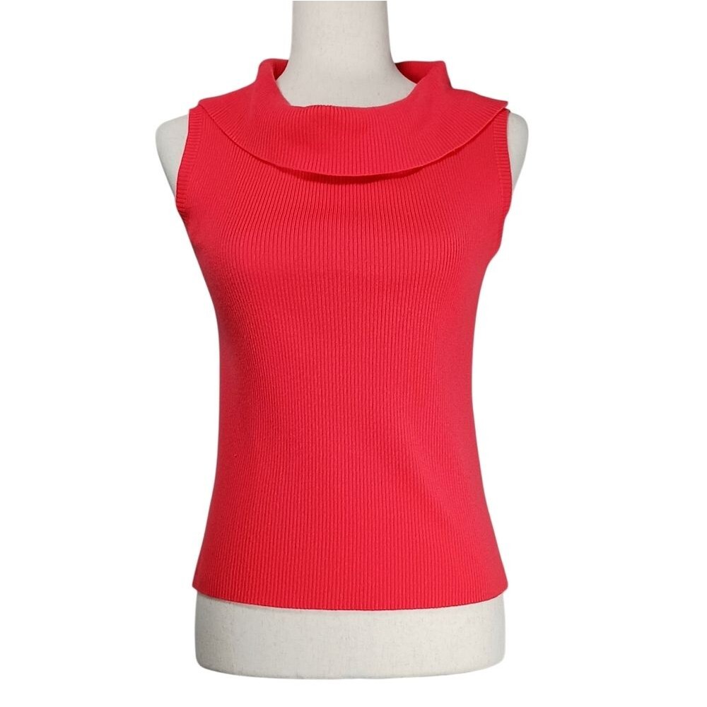 VINTAGE Sleeveless Knit Pullover Cowlneck Ribbed Coral Orange Fits Size S